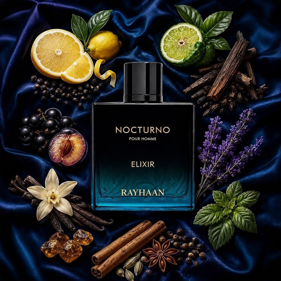 Scent Sphere Nocturno Elixir Pour Homme fragrance bottle with amber, vanilla, cinnamon, lavender, citrus, and berries.