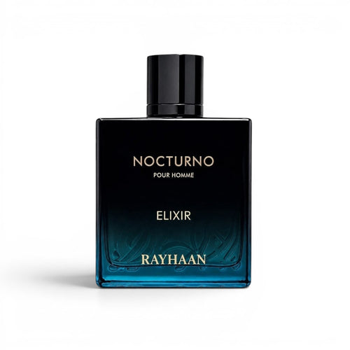 Scent Sphere Nocturno Elixir Pour Homme fragrance bottle with golden amber notes and a black cap.