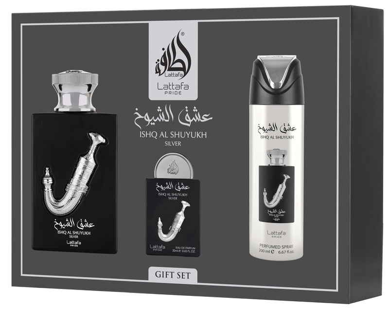 Ishq Al Shuyukh Silver 3‑Piece Perfume Gift Set