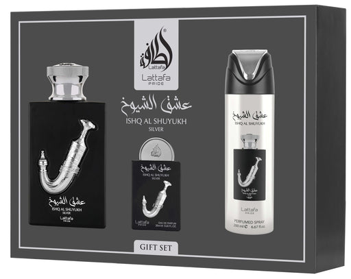Ishq Al Shuyukh Silver 3‑Piece Perfume Gift Set