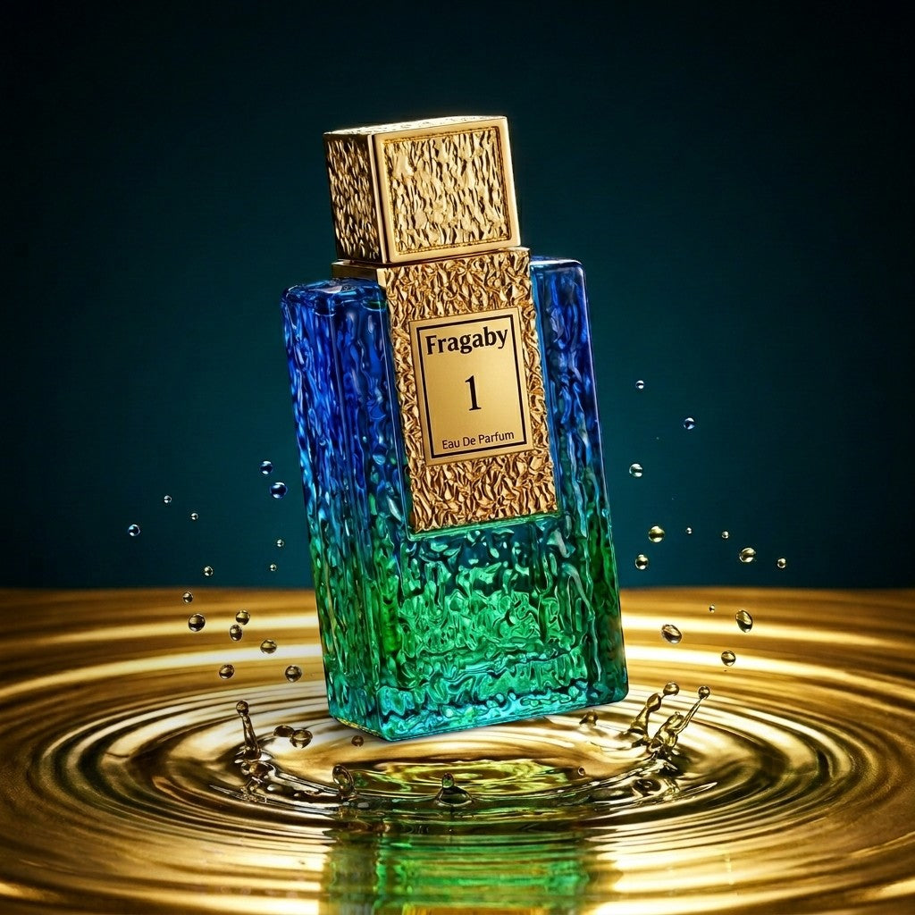 Scent Sphere Armaf Fragaby 1 unisex Eau de Parfum spray bottle with blue and green gradient glass and gold cap, 3.4 oz.