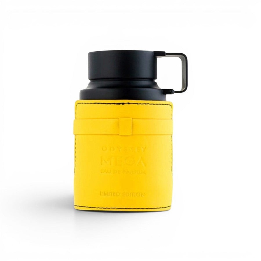 Scent Sphere Armaf Odyssey Mega Limited Edition eau de parfum in a bright yellow leather-wrapped bottle with black cap
