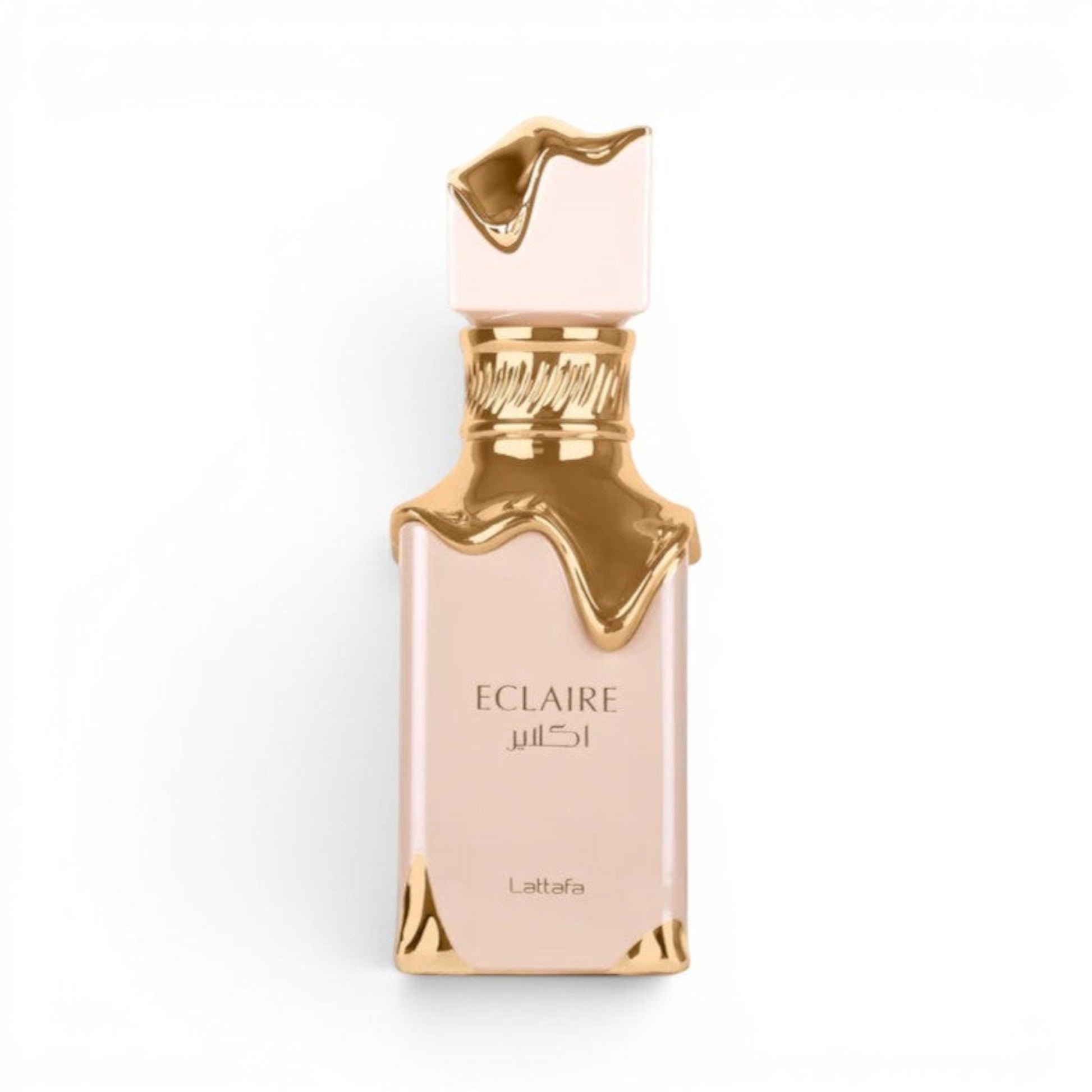 Scent Sphere Eclaire Lattafa unisex Eau de Parfum bottle with gold accents and a creamy beige finish.