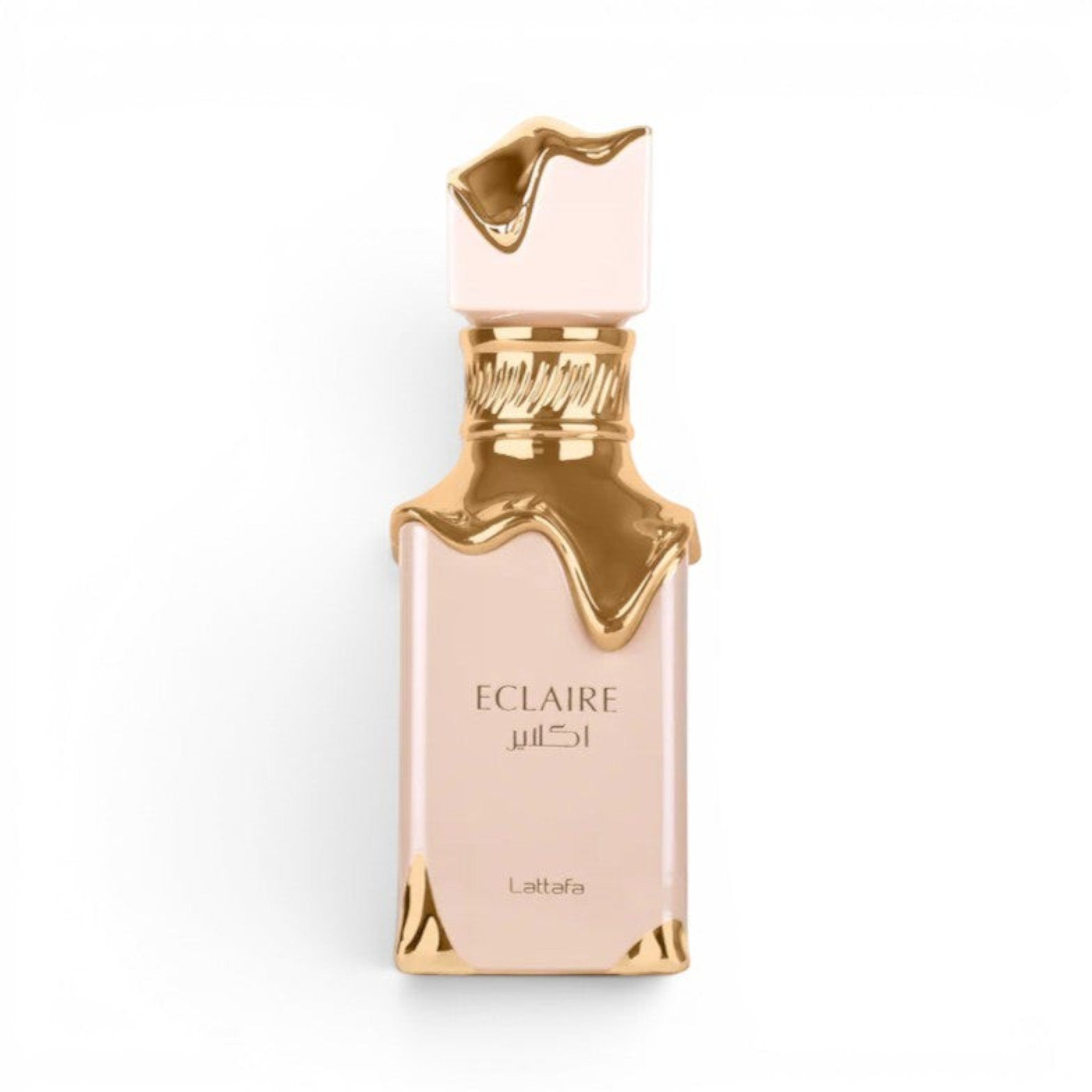 Scent Sphere Eclaire Lattafa unisex Eau de Parfum bottle with gold accents and a creamy beige finish.