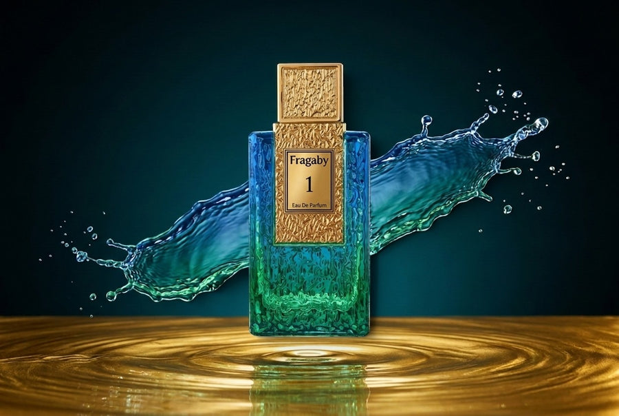 Scent Sphere Fragaby 1 Eau de Parfum spray bottle with blue and green gradient glass, gold textured cap, and water splash.