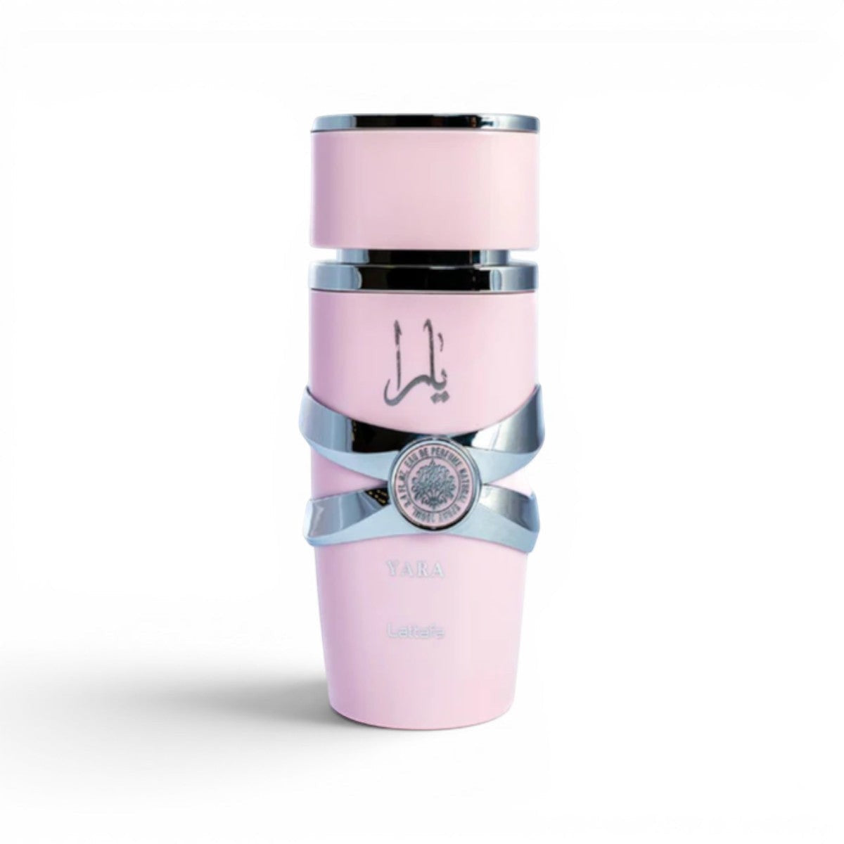 Scent Sphere Lattafa Yara perfume bottle in pastel pink with silver metallic accents and elegant branding