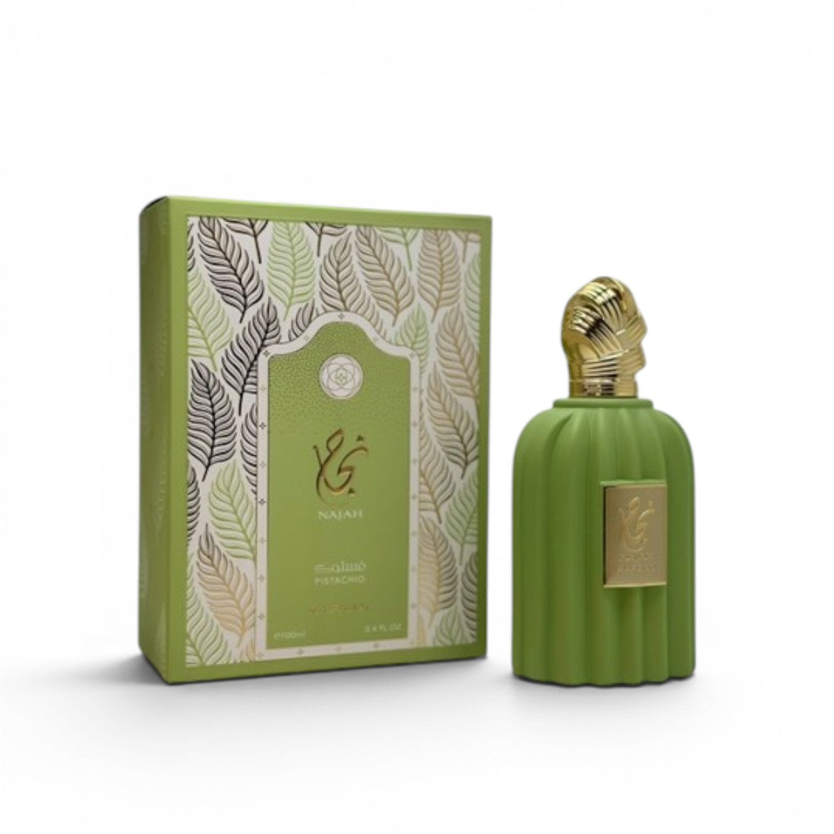 Scent Sphere Najah Pistachio 100ML perfume bottle and box, green with gold accents, leaf motif.