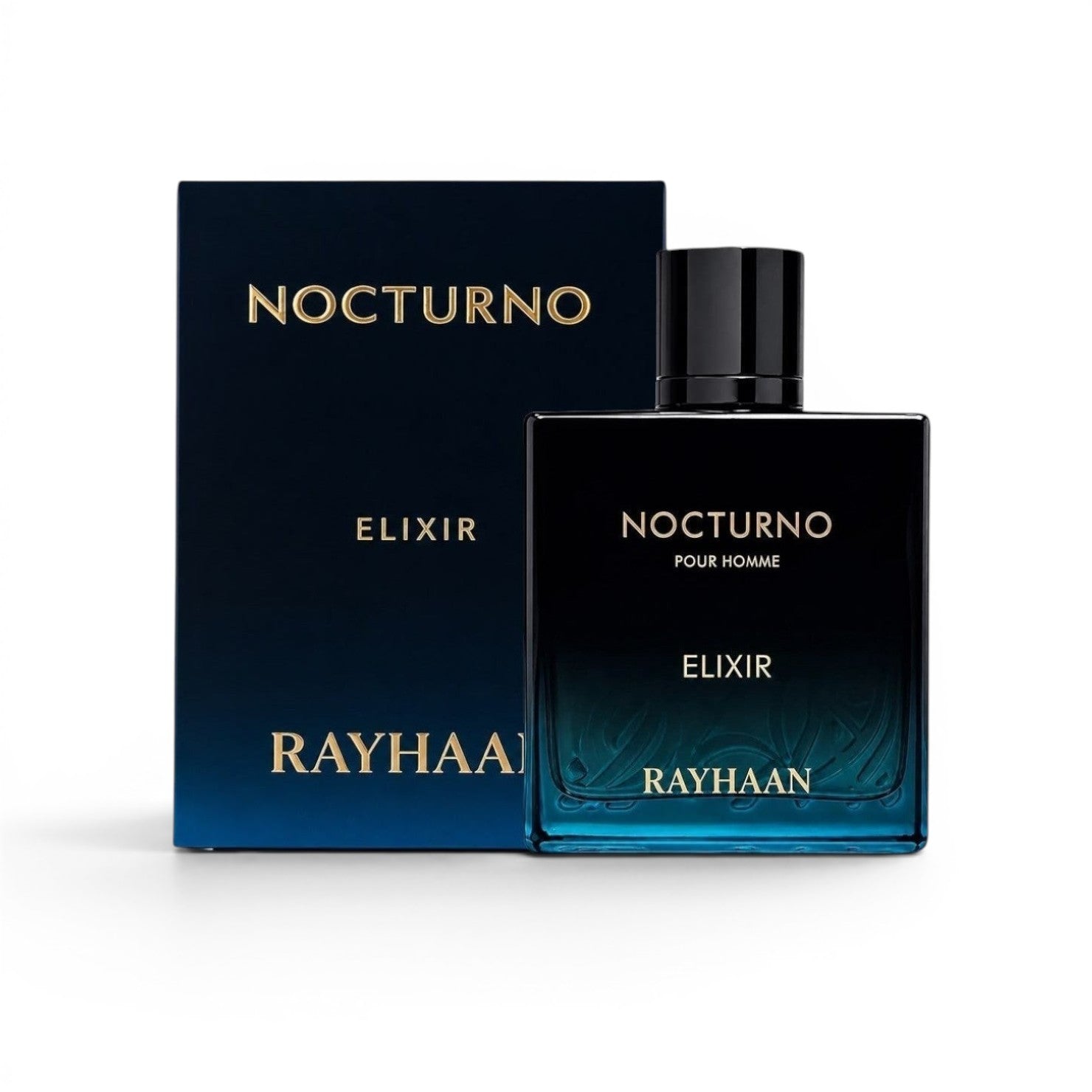 Scent Sphere Nocturno Elixir Pour Homme fragrance bottle and box, featuring golden amber notes and a dark blue gradient design.