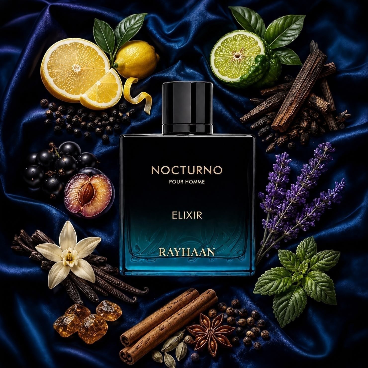 Scent Sphere Nocturno Elixir Pour Homme fragrance bottle with amber, vanilla, cinnamon, lavender, citrus, and berries.