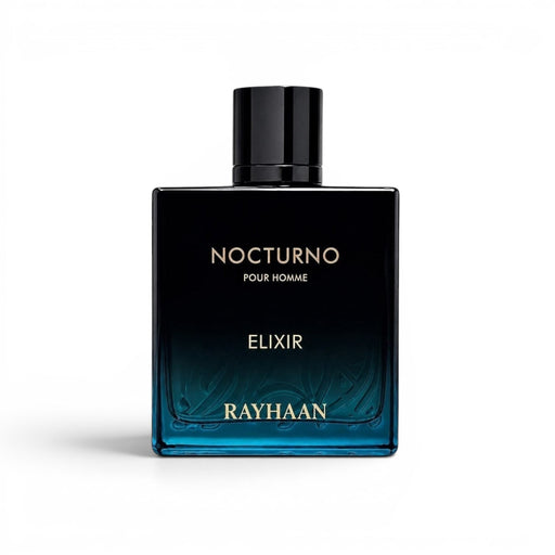 Scent Sphere Nocturno Elixir Pour Homme fragrance bottle with golden amber notes and a black cap.