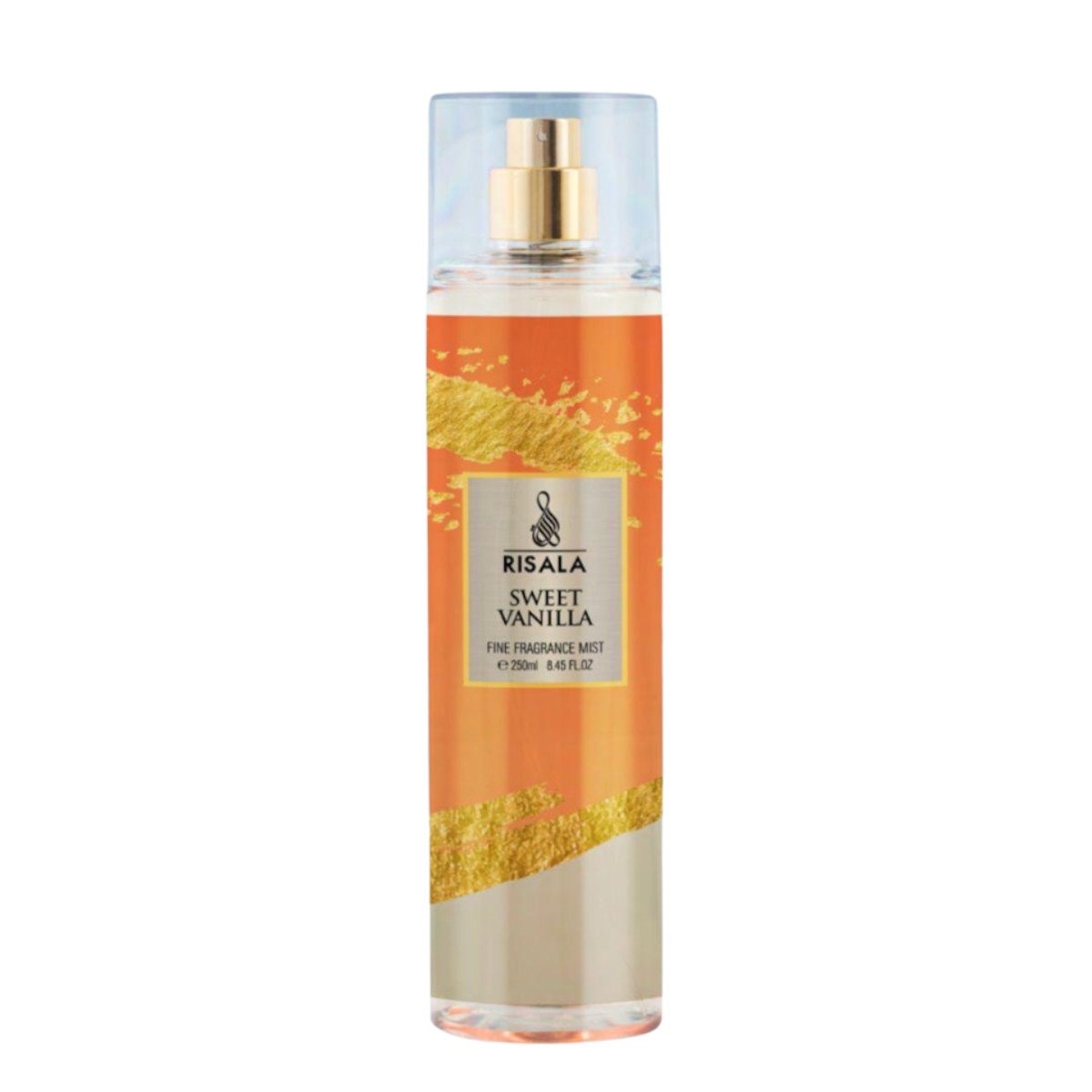 Scent Sphere Risala Sweet Vanilla fine fragrance mist in a 250ml spray bottle with orange and gold accents.