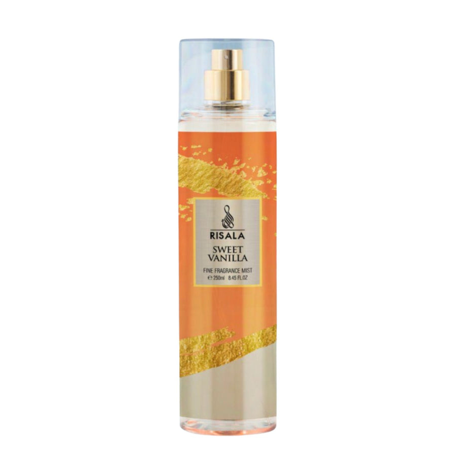 Scent Sphere Risala Sweet Vanilla fine fragrance mist in a 250ml spray bottle with orange and gold accents.