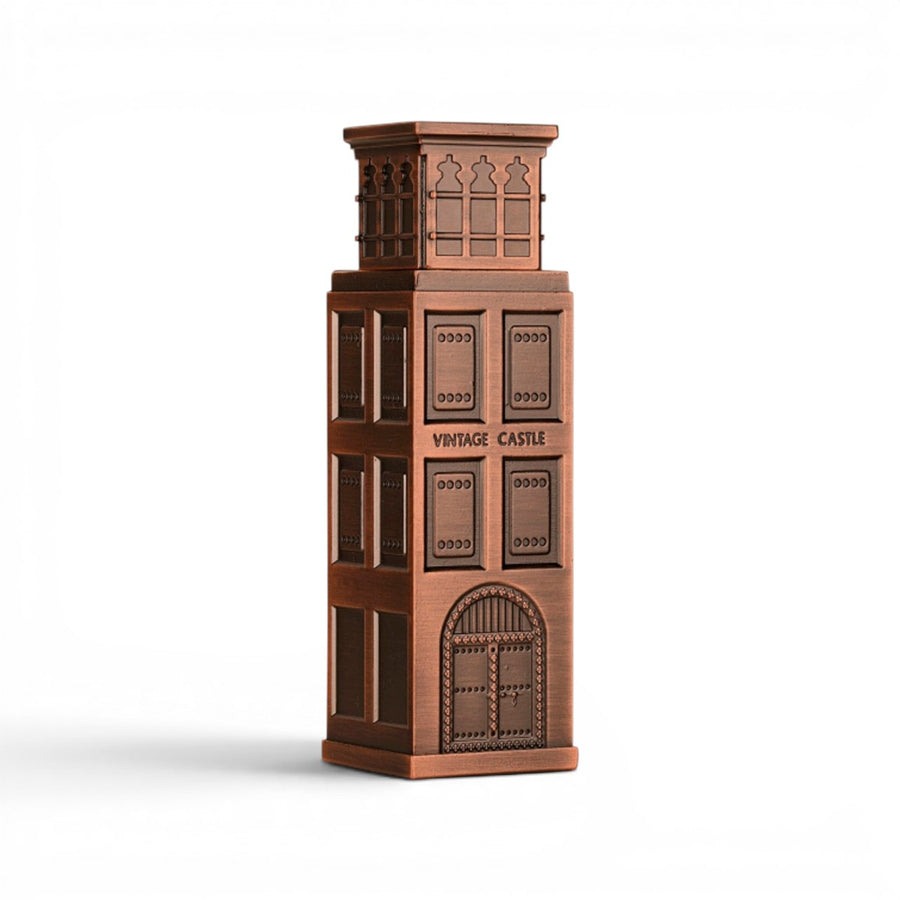 Scent Sphere Vintage Castle Lattafa copper-toned perfume bottle shaped like a castle with intricate details.